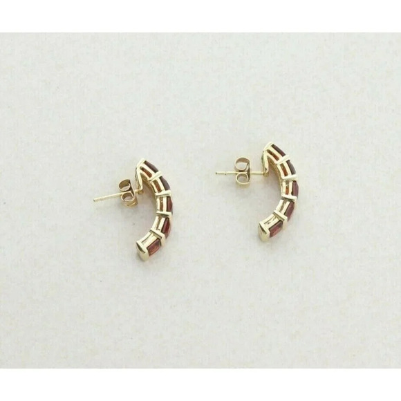 14k Yellow Gold Natural Garnet Earrings J Hoop Half Hoop Earrings - Picture 7 of 9